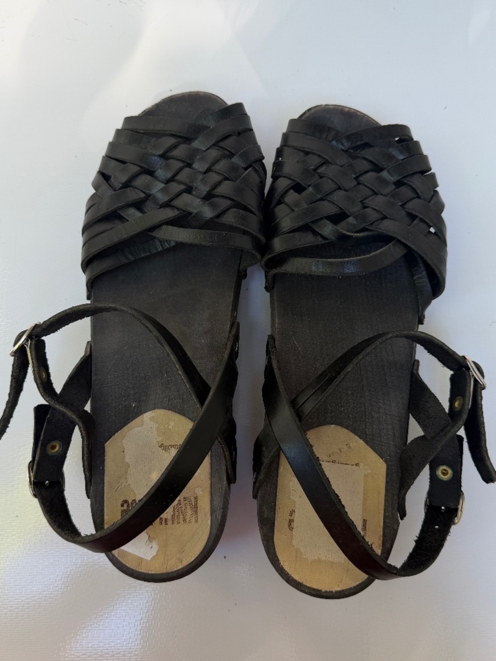 Vintage Swedish Wood Clogs High Heel Peep Toe Clogs in Black Leather 40 / 9.5-10